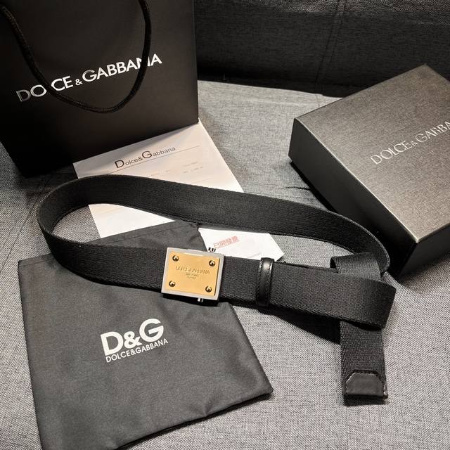 代购级 Dg男士腰带 宽3.5Cm Dolce&Gabbana 全新小牛皮细节织物腰带 点缀个性化钌电镀金属徽标搭扣.